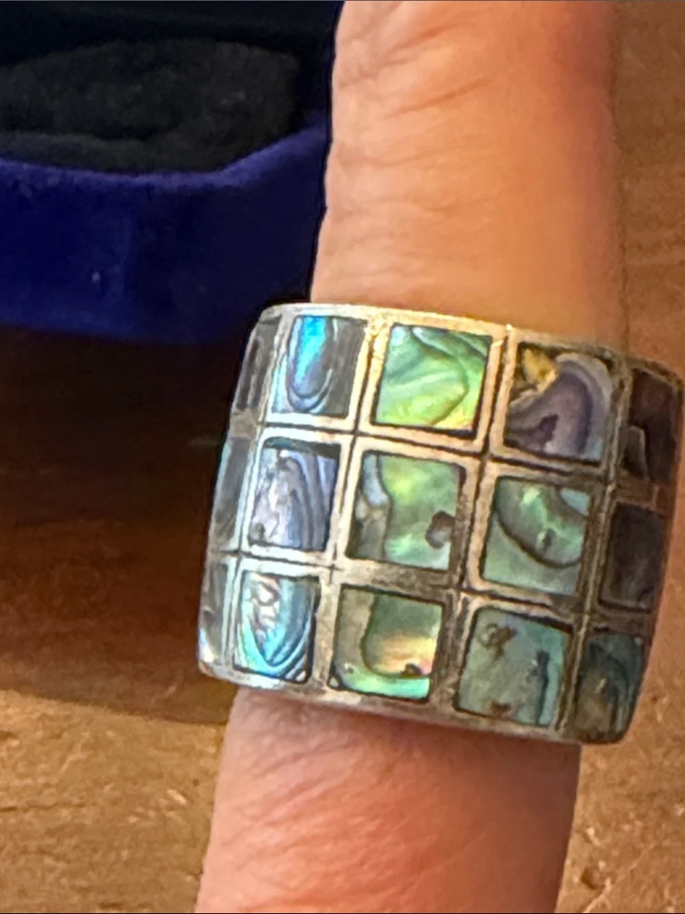 Wide Abalone Inlay Statement Ring in Iridescent Green-Blue AS-IS